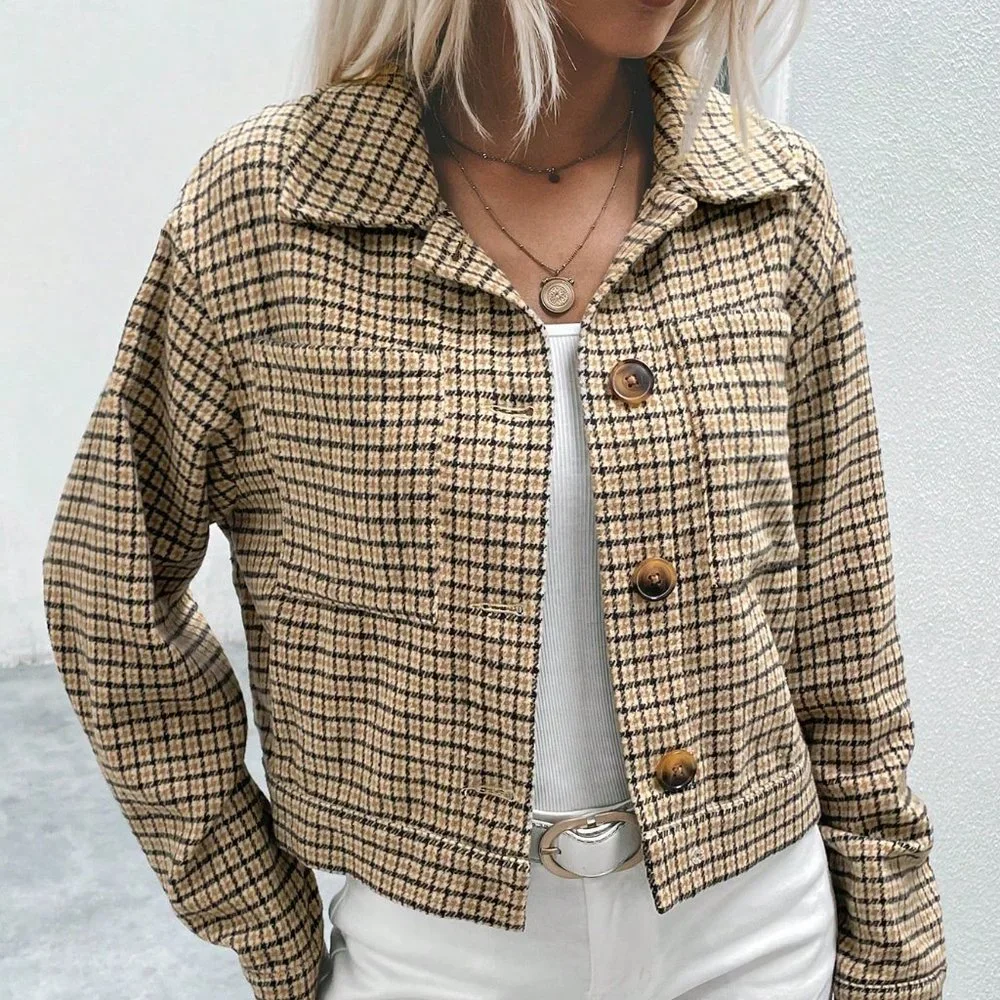 Multicolor Casual Womens Houndstooth Print Drop Shoulder Jacket - Picture 3 of 5